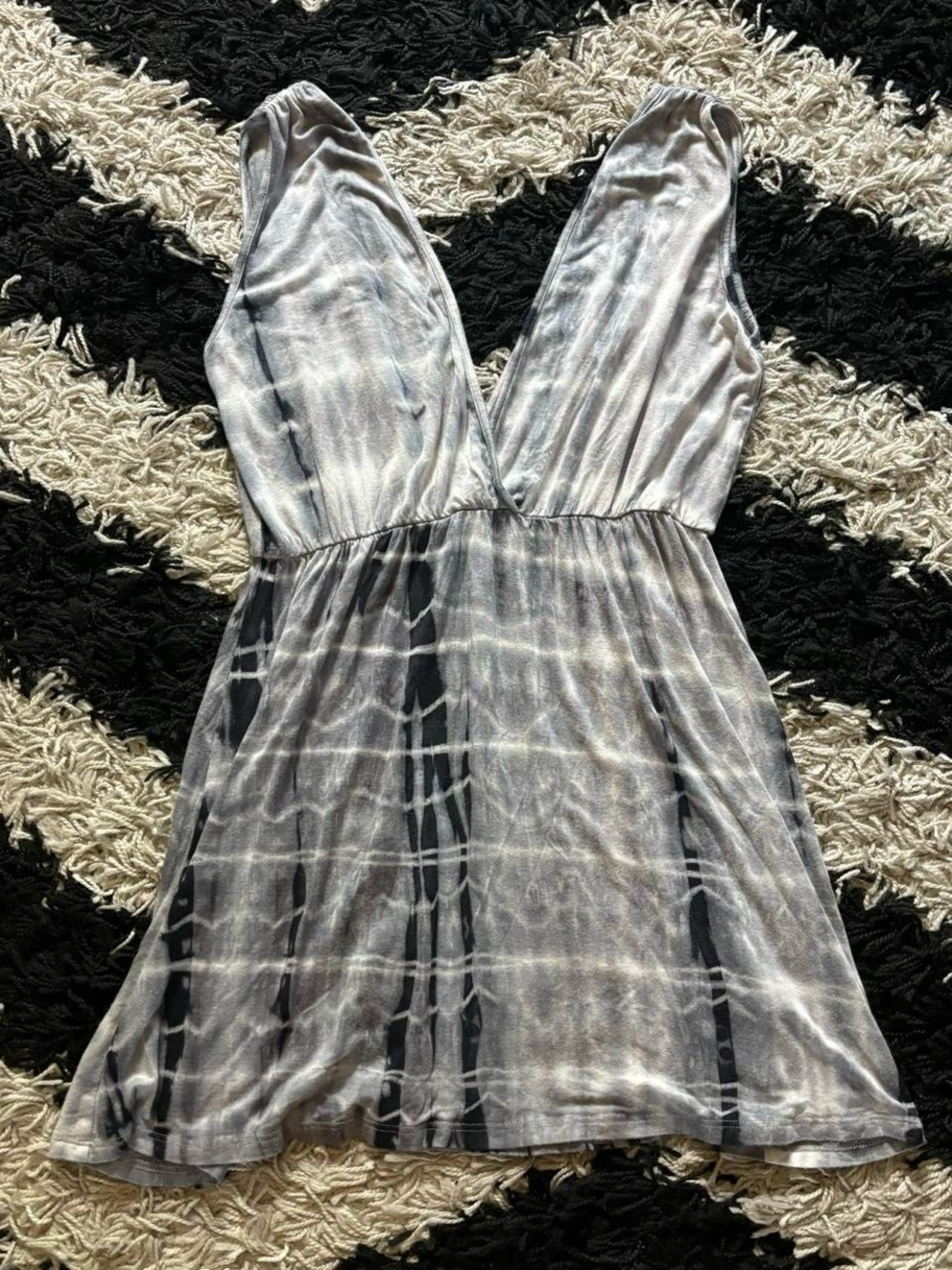 Ultra Beach Vintage 90s Stripe-y Tie Dye Grey Black White Wrap V-Neck Mini Dress